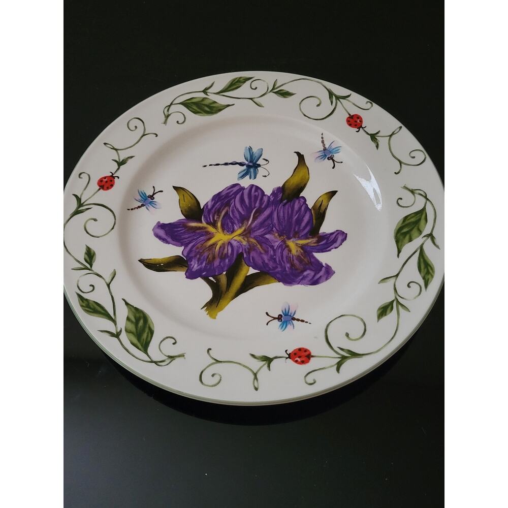 Botanical Gardens Plate Iris in Center with Dragonflies and Ladybugs